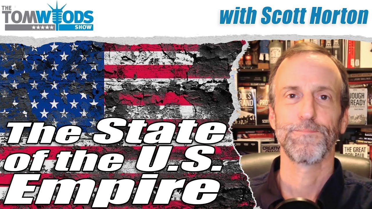 YouTube post by @TomWoodsTV for Omaha Steaks. Caption reads: Scott Horton on the State of the U.S. Empire | Tom....