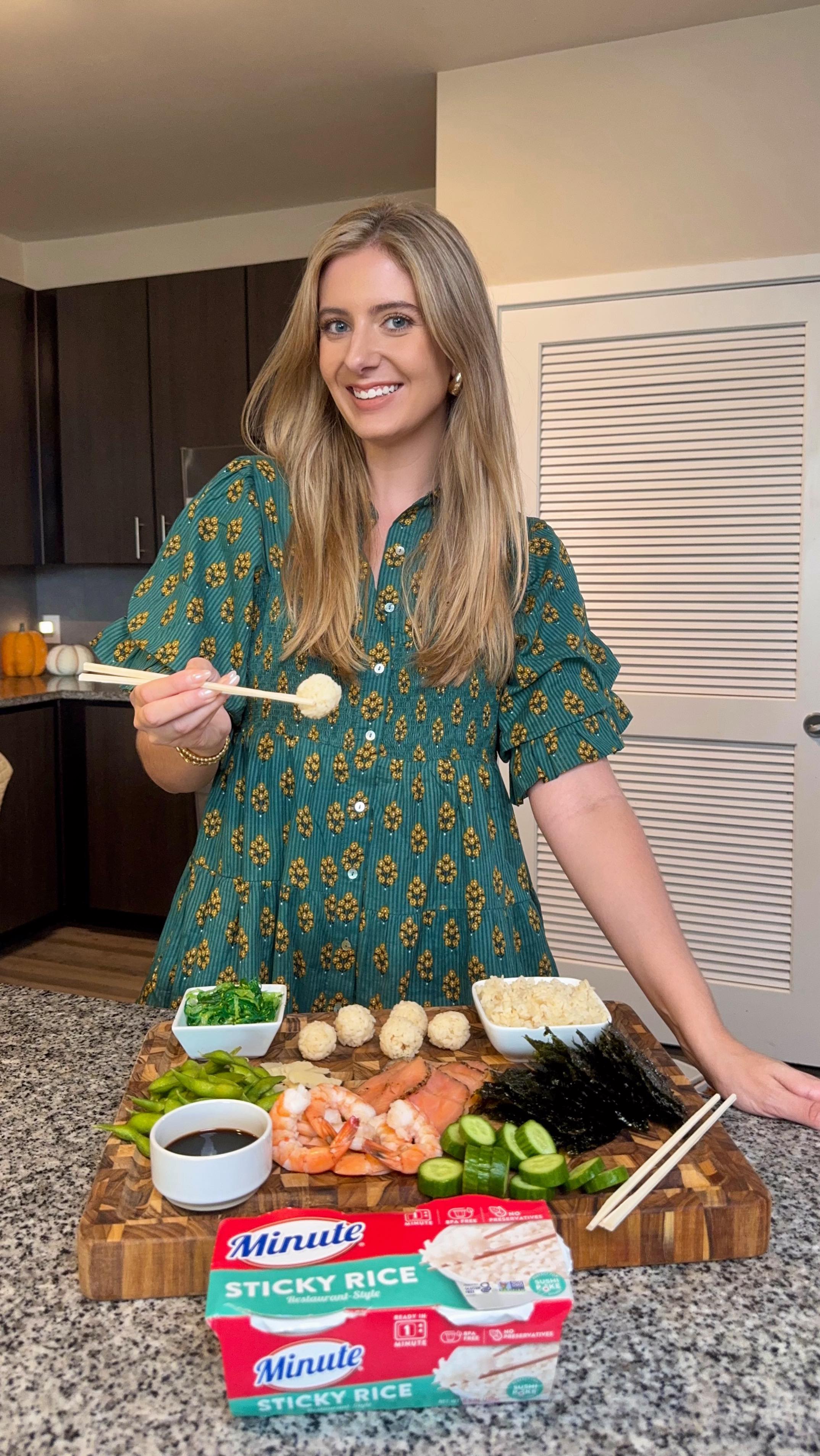 Instagram post by @cary_ashley_ for Minute Rice. Caption reads: #AD ✨ Sushi night > charcuterie night 🥢🍣

My....