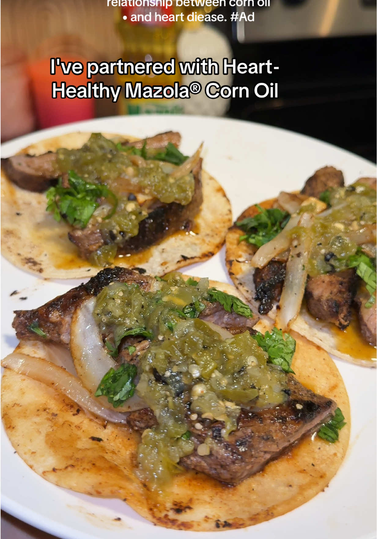 TikTok post by @claudiayuzeth for Mazola. Caption reads: #AD The Best Carne Asada Tacos marinade....
