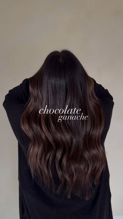 Instagram post by @ryleeheyzahair for Paul Mitchell. Caption reads: CHOCOLATE GANCHE 🤎

The amount of shine,....