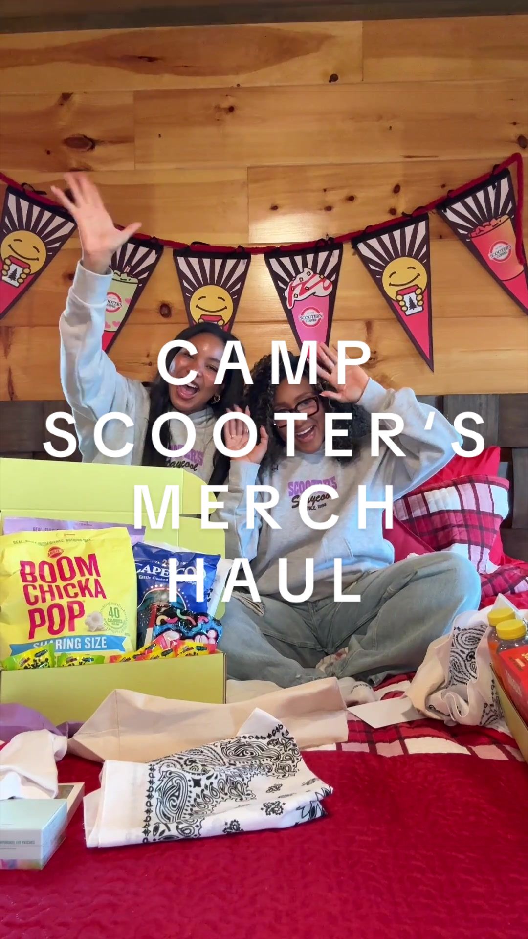 TikTok post by @kamrynbhall for Scooter's Coffee. Caption reads: CAMP SCOOTER’S MERCH HAUL!!!✨🏕️🧳💌This trip is....