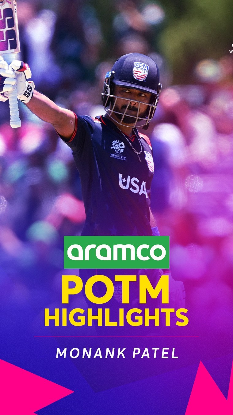 Instagram post by @monank15 for ICC T20 World Cup. Caption reads: Monank Patel's brilliant half-century led USA to....
