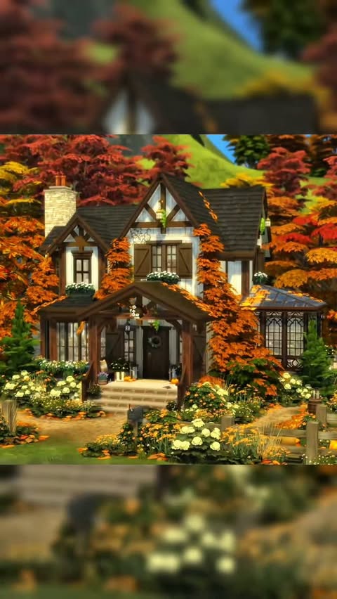 Instagram post by @simsbuild_inspiration for The Sims. Caption reads: [...] CC! You can find Amberwood Cottage in The....