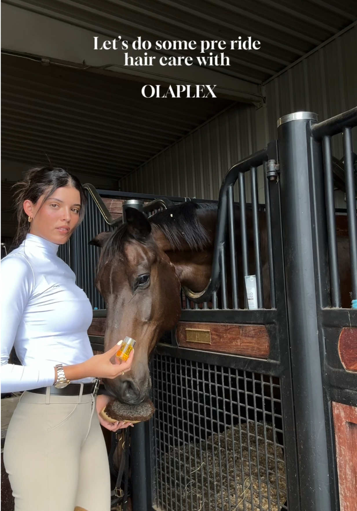 TikTok post by @victoriaaherran for OLAPLEX. Caption reads: My favorite way to add shine before my ride is....
