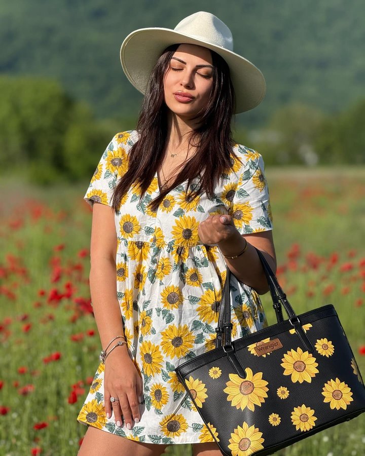Instagram post by @magdamamulashvili for Montana West. Caption reads: I really love the sunflower print🌻🤍....