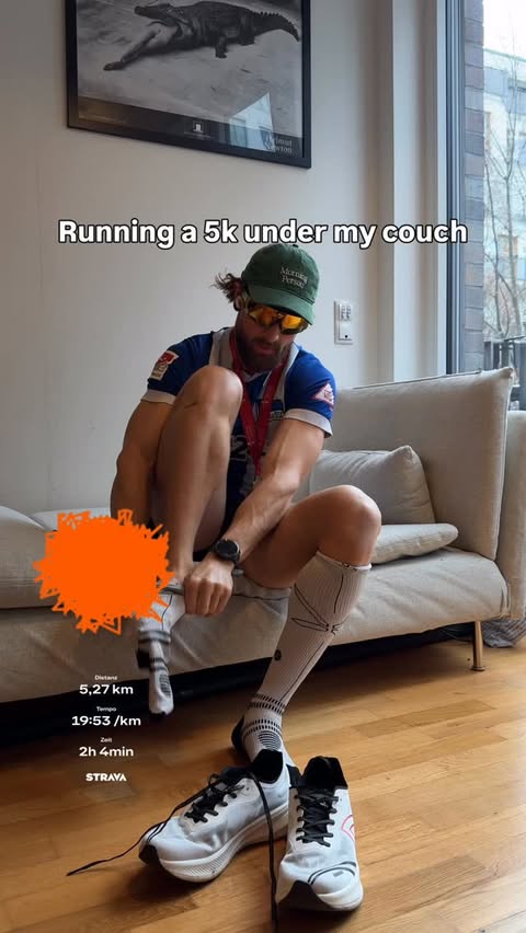 Instagram post by @dom.stroh for AG1. Caption reads: [...] with @drinkag1de #runningsatire ad inspo....