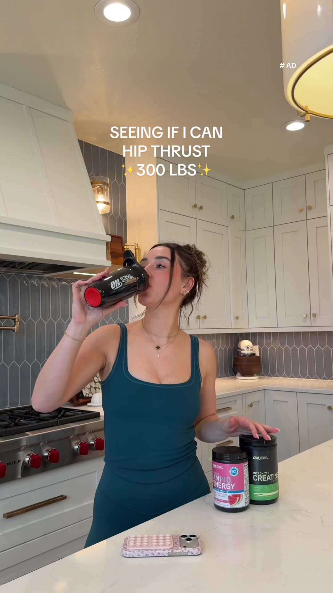 TikTok post by @omgitschloeb for Optimum Nutrition. Caption reads: #OptimumNutritionPartner Woke up feeling strong,....