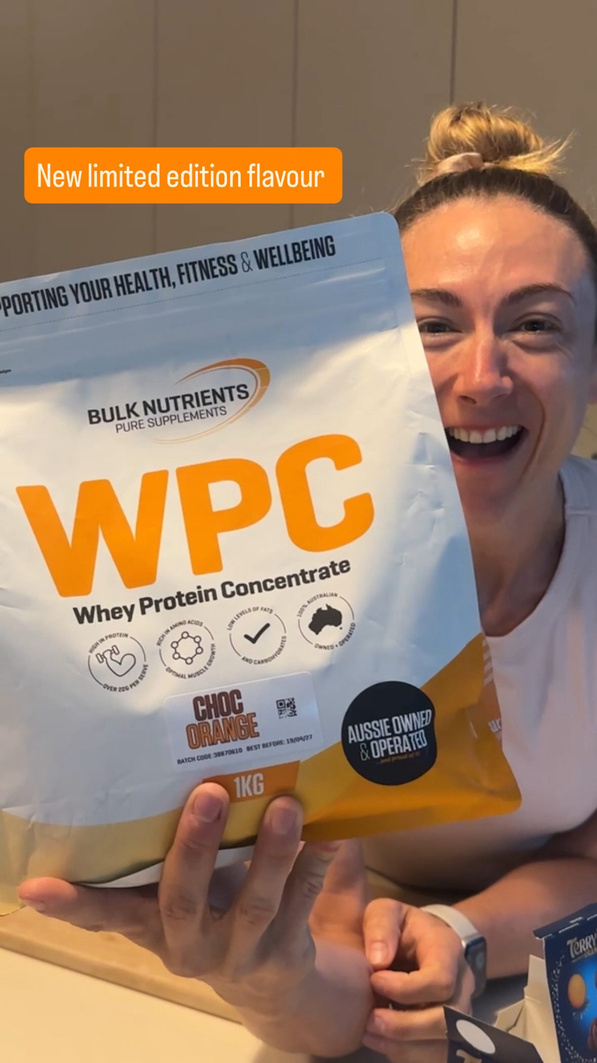 Instagram post by @ellamartyn for Bulk Nutrients. Caption reads: IT’S NOT TERRY’S… It’s @bulknutrients 😜 🍊 🍫....