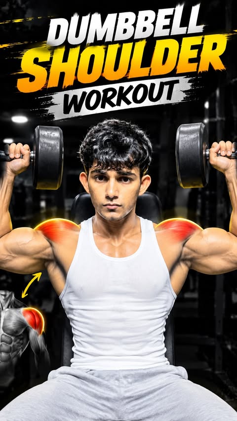 Instagram post by @dinesh.hanma for MuscleBlaze. Caption reads: DUMBBELL SHOULDER WORKOUTS 💪 @muscleblaze USE....