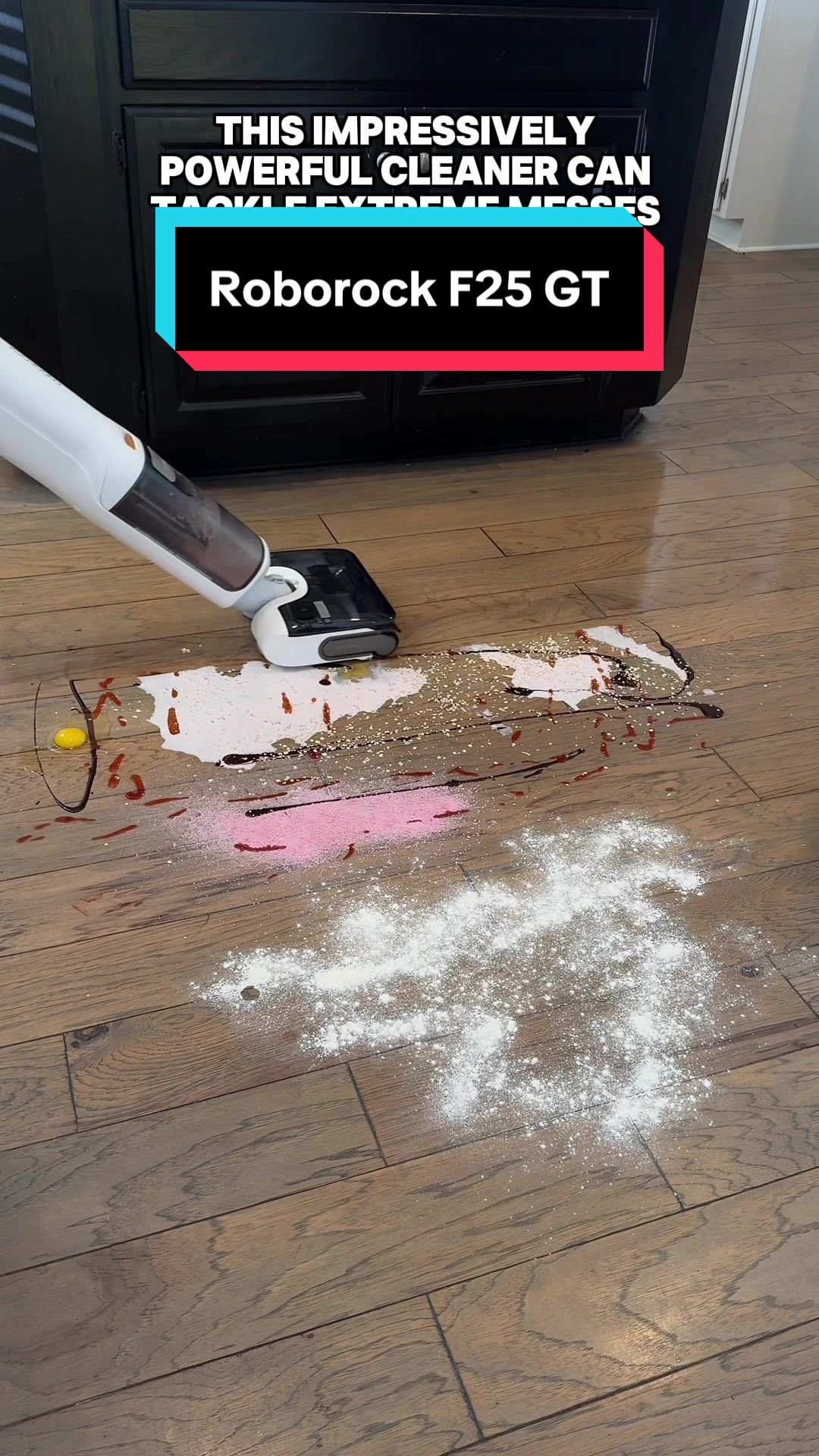 TikTok post by @trutech for Roborock. Caption reads: This @RoborockUS F25 GT cleaner can tackle messes....