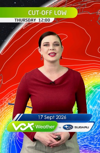 Instagram post by @voxweathergirls for Subaru of America. Caption reads: 17 September 2026 | Vox Weather Forecast brought....