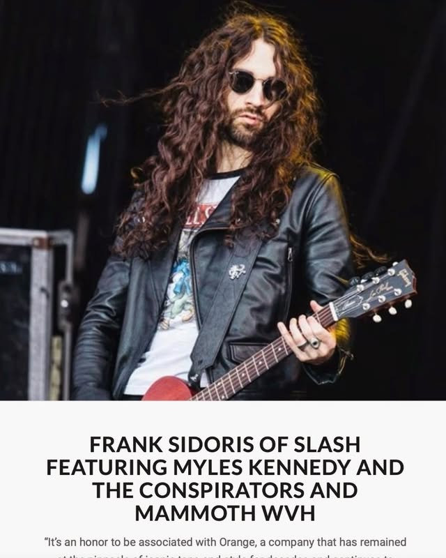 Instagram post by @franksidoris for Orange Amplifiers. Caption reads: [...] I am now officially endorsed by....
