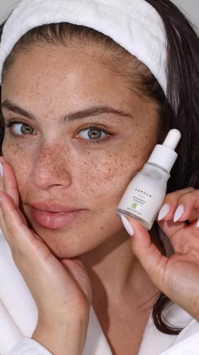 Instagram post by @va__nessa.g for DAMDAM. Caption reads: But First. . . Matcha Boost Eye Serum by....