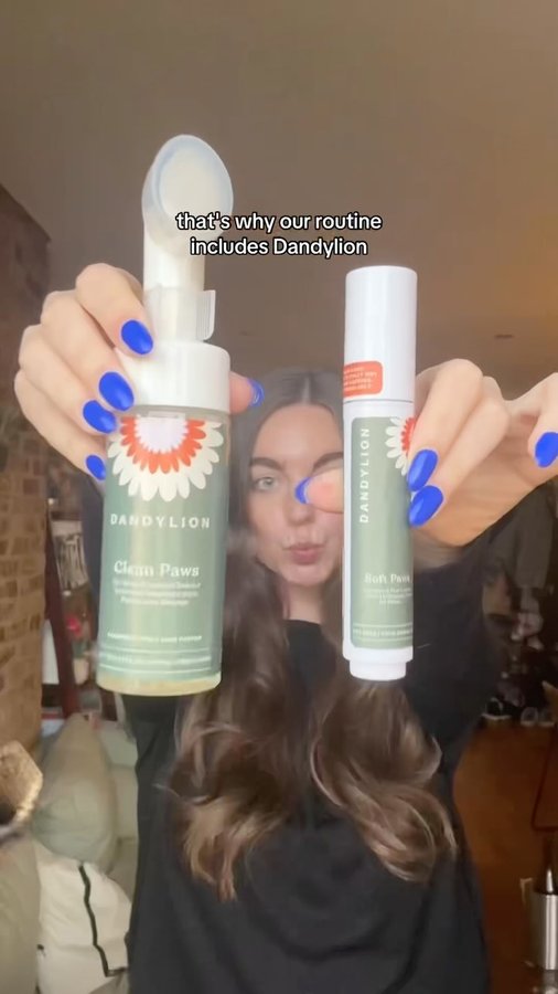 Instagram post by @tellingourtails for Dandylion. Caption reads: Having @dandylionworld Clean Paws No-Rinse Foaming....