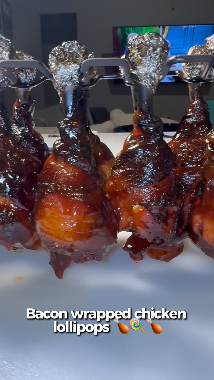 Instagram post by @dez_grillardin for Wild Fork Foods. Caption reads: Bacon wrapped chicken lollipops… better than....
