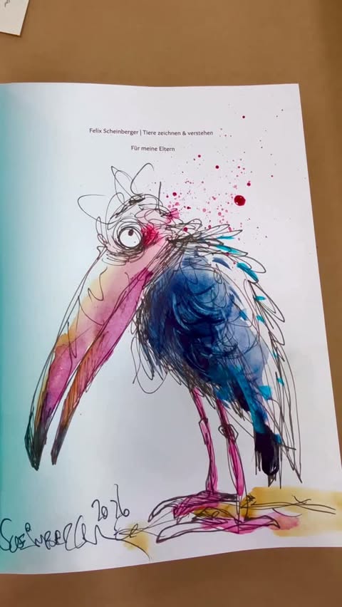 Instagram post by @felixscheinberger for STAEDTLER. Caption reads: [...] stork. Technique: watercolors and Staedtler....
