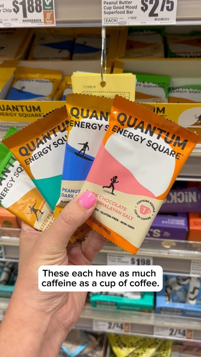 Instagram post by @grocery_obsessed for Quantum Squares. Caption reads: Quantum Energy Squares are BOGO Free at HEB! ⚡️....