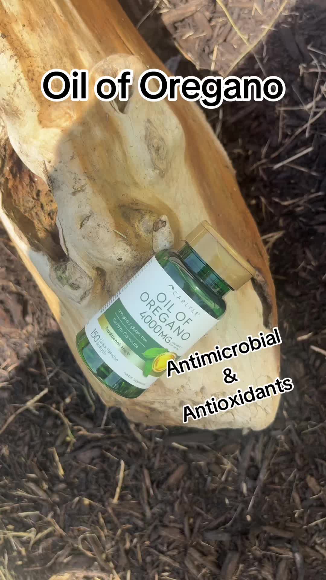 TikTok post by @infinitecharmbeauty for Carlyle Nutritionals. Caption reads: Carlyle Oregano Oil 4000mg @Carlyle Nutritionals....
