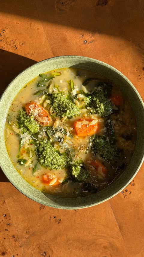 Instagram post by @max.baroni for Blue Apron. Caption reads: lemony orzo soup w pesto + parm 🍲

@blueapron....