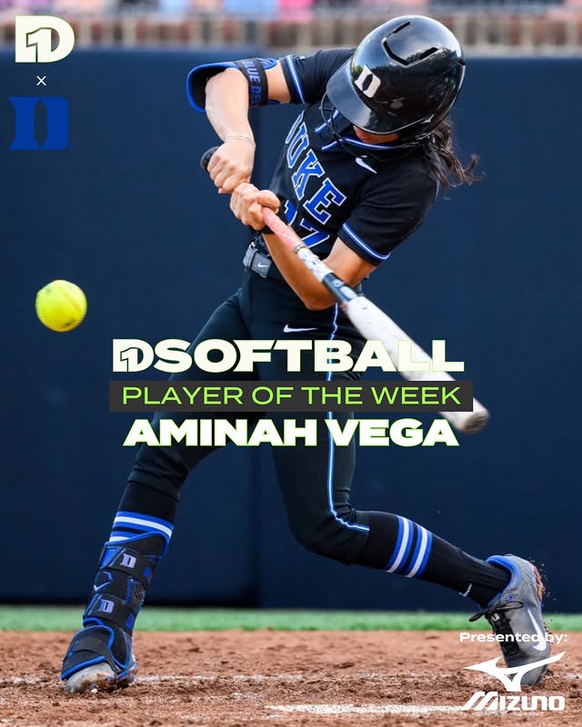 Instagram post by @aminah.vega for D1Softball.com. Caption reads: Player of the Week: Aminah Vega, Duke Vega hit....