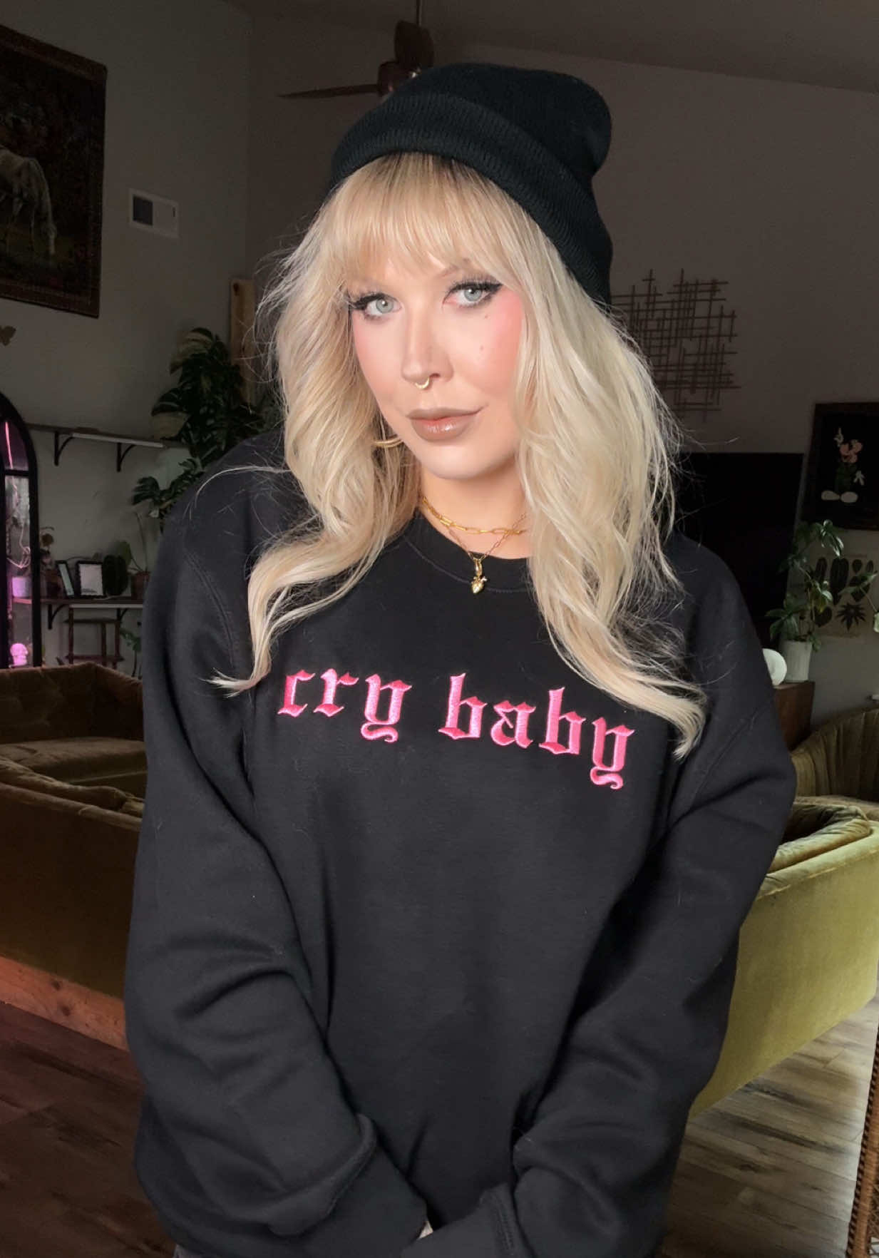 TikTok post by @greenreaper.xo for In Stitches Apparel. Caption reads: Cry Baby 💖🥲 @In Stitches Apparel I’m 5’5 140lb....