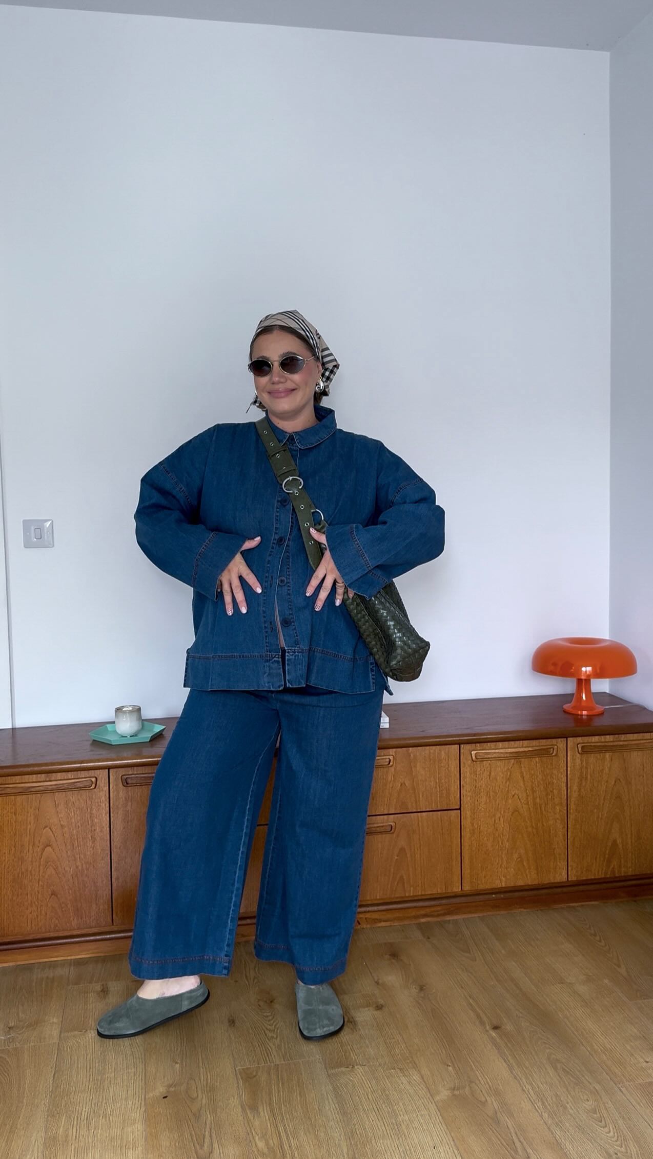 Instagram post by @gracesurguy for Vision Express. Caption reads: Styling double denim at 7 and a half months....