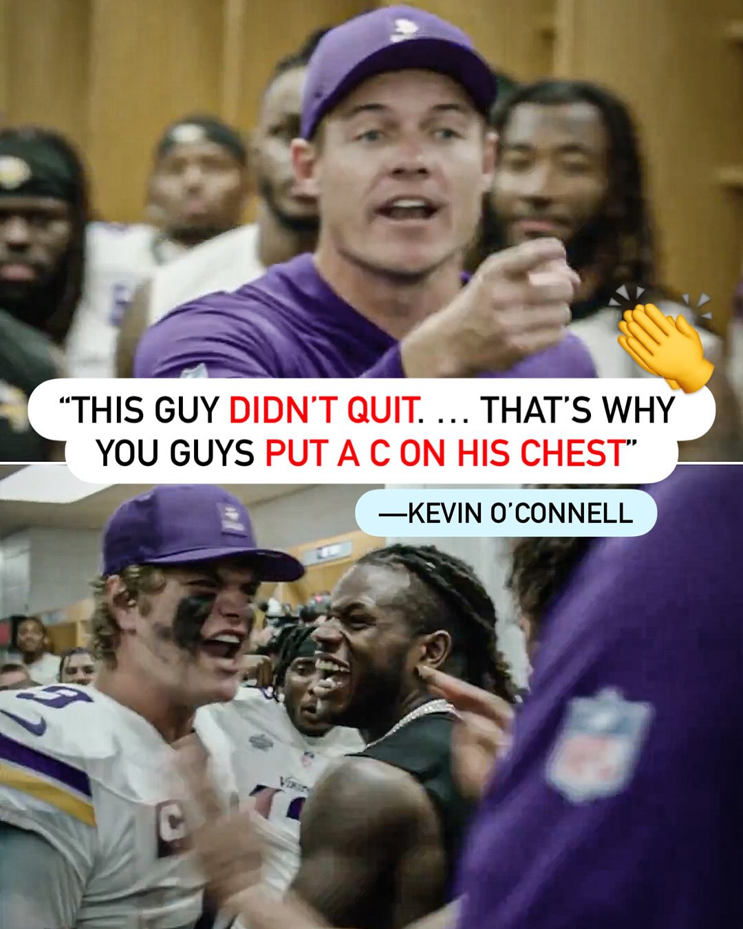 Instagram post by @adamschefter for Sports Center Nepal. Caption reads: Vikings HC Kevin O’Connell’s postgame locker room....
