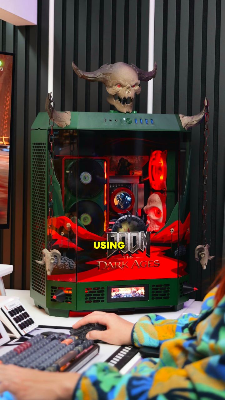 Instagram post by @techtesseract for Thermaltake North America. Caption reads: DOOM: The Dark Ages on a 5K ultrawide?
Yeah… it’s....