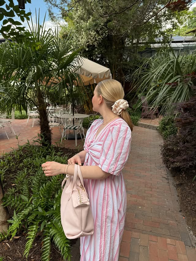 Instagram post by @morganrudge for Rent the Runway. Caption reads: pink mood 💕🍦 @renttherunway #rtrpartner my code....