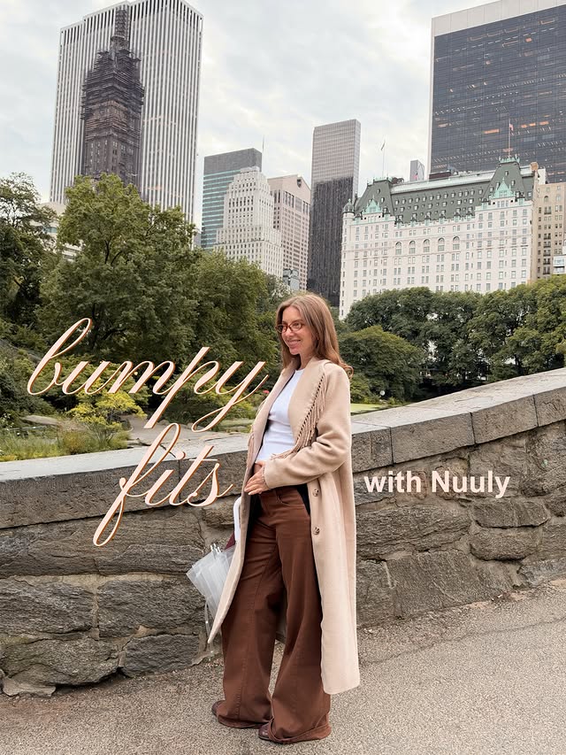 Instagram post by @thatgirlsophy for nuuly. Caption reads: first fall dressing the bump with @nuuly....