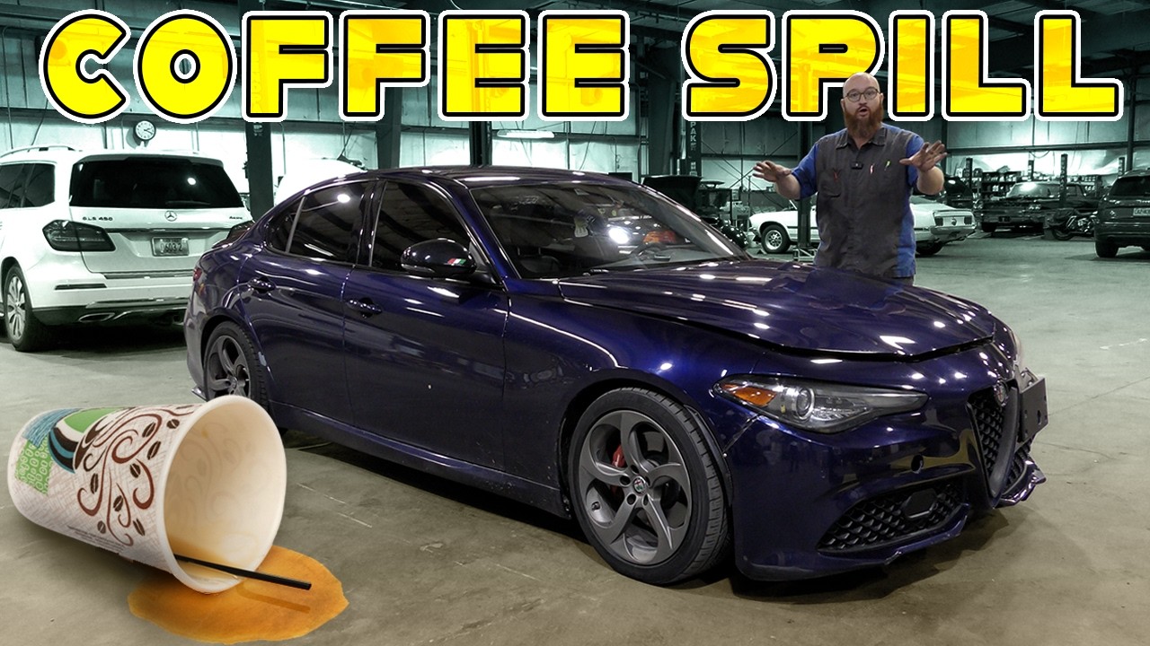 YouTube post by @CarWizard for BendPak. Caption reads: Spilled Coffee Costs $700: What Broke on This Alfa....