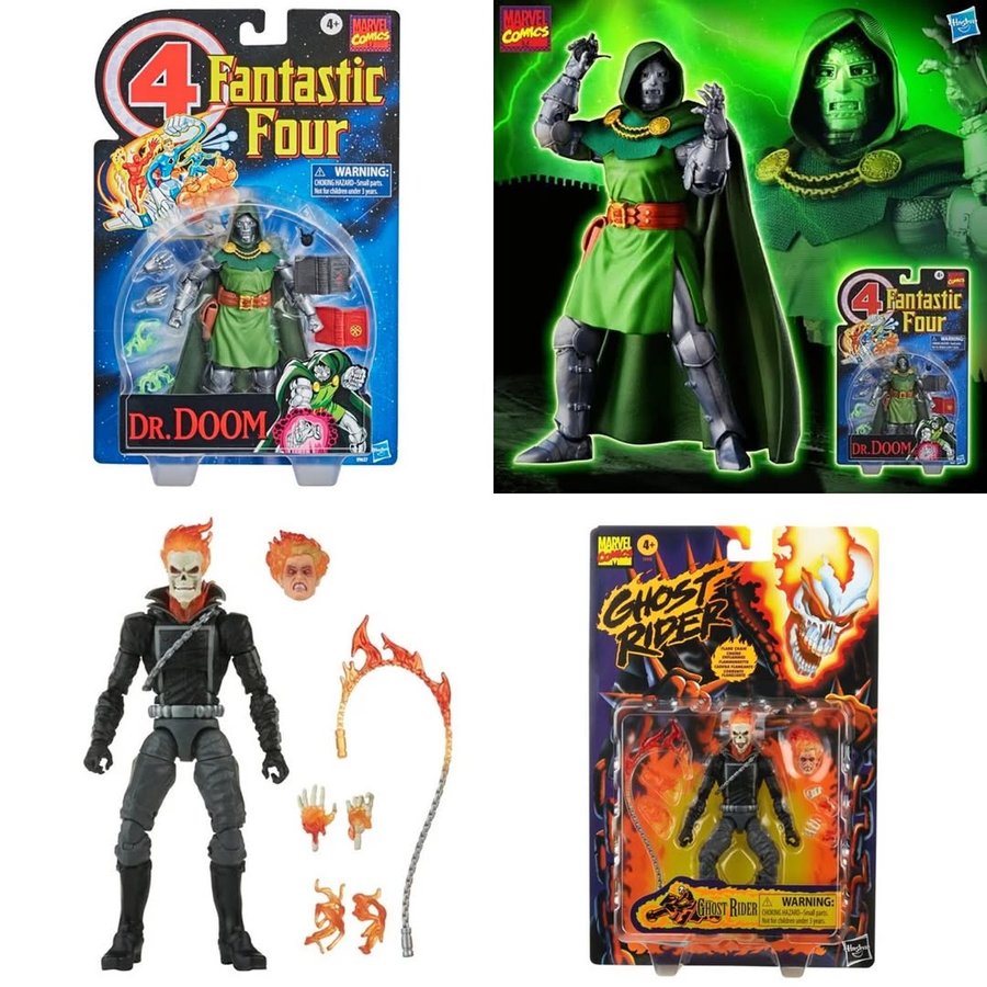 Instagram post by @inpursuitoftoys for Entertainment Earth. Caption reads: Marvel Legends retro card DR. DOOM & GHOST RIDER....