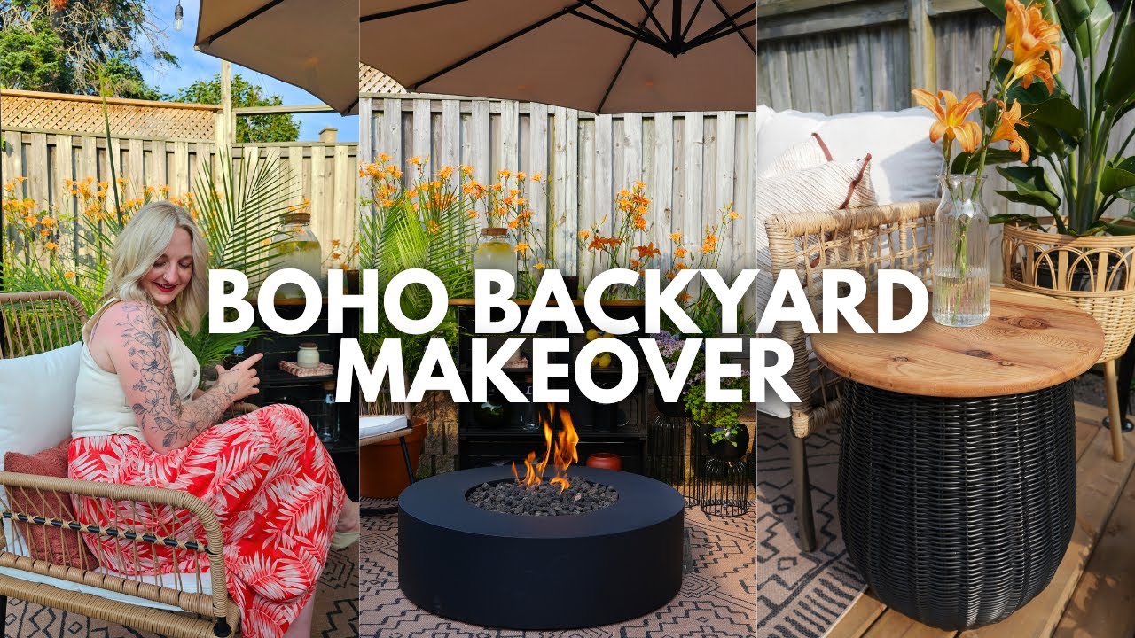 YouTube post by @diyinprogress for ISOtunes. Caption reads: *RENTER FRIENDLY* Boho Backyard Makeover.