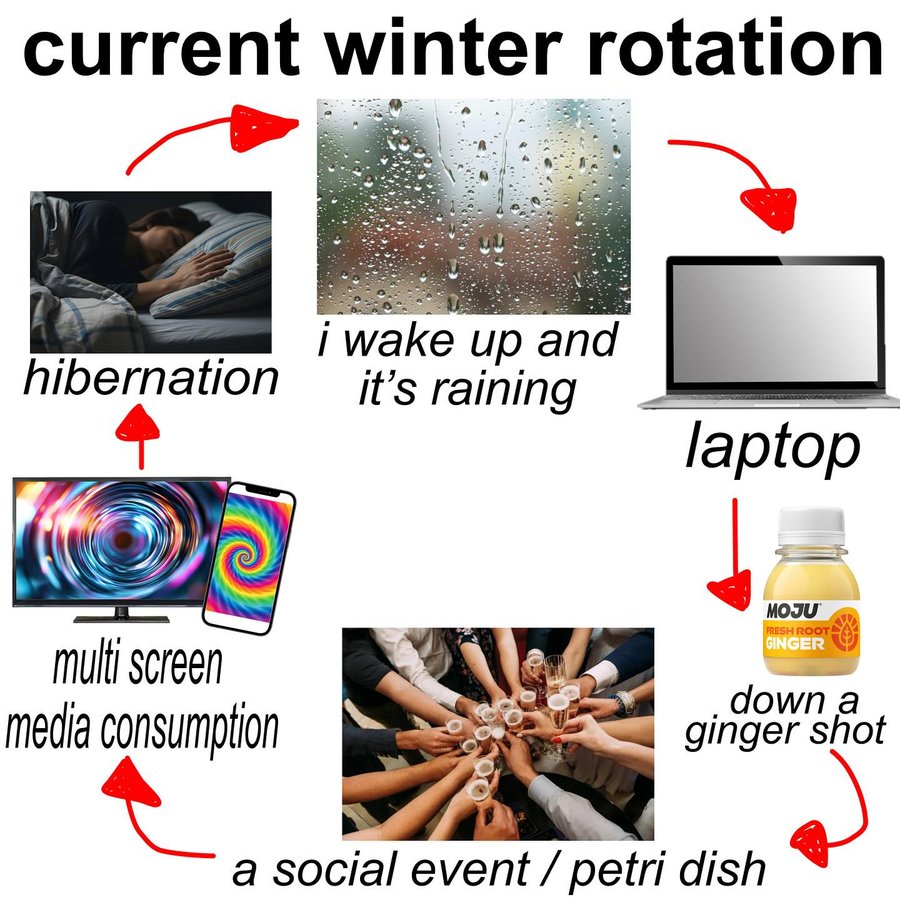 Instagram post by @real_housewives_of_clapton for MOJU Drinks. Caption reads: fighting off the blues with roast chicken and....