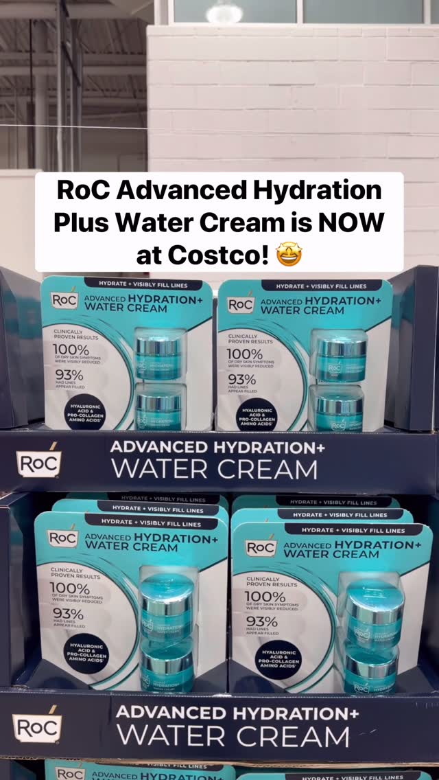 Instagram post by @costcobuys for RoC Skincare. Caption reads: ✨ RoC Advanced Hydration+ Water Cream is available....