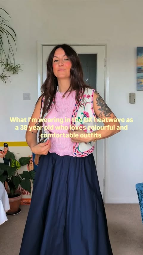 Instagram post by @lauradopamineoutfits for White Stuff. Caption reads: The waistcoat lasted about 5 minutes. Comment SHOP....