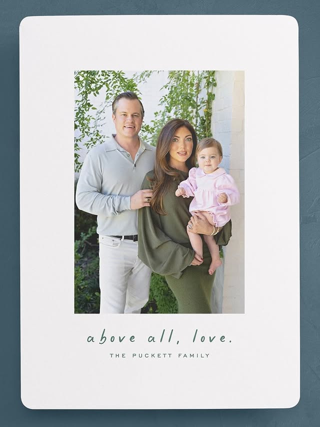 Instagram post by @campbellhuntpuckett for Minted. Caption reads: Happy Holidays💚 love Jett, Campbell, and....