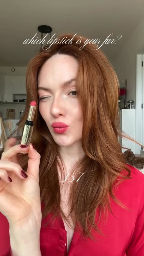 Instagram post by @carolinebarnettova for Guerlain. Caption reads: [...] is your fav? 💋 KissKiss lipsticks by....