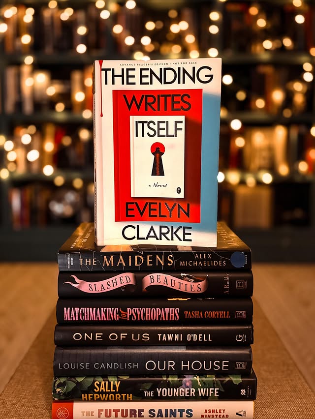 Instagram post by @sarahwarrengillreads for HarperCollins. Caption reads: The Ending Writes Itself by Evelyn Clarke (V.E.....