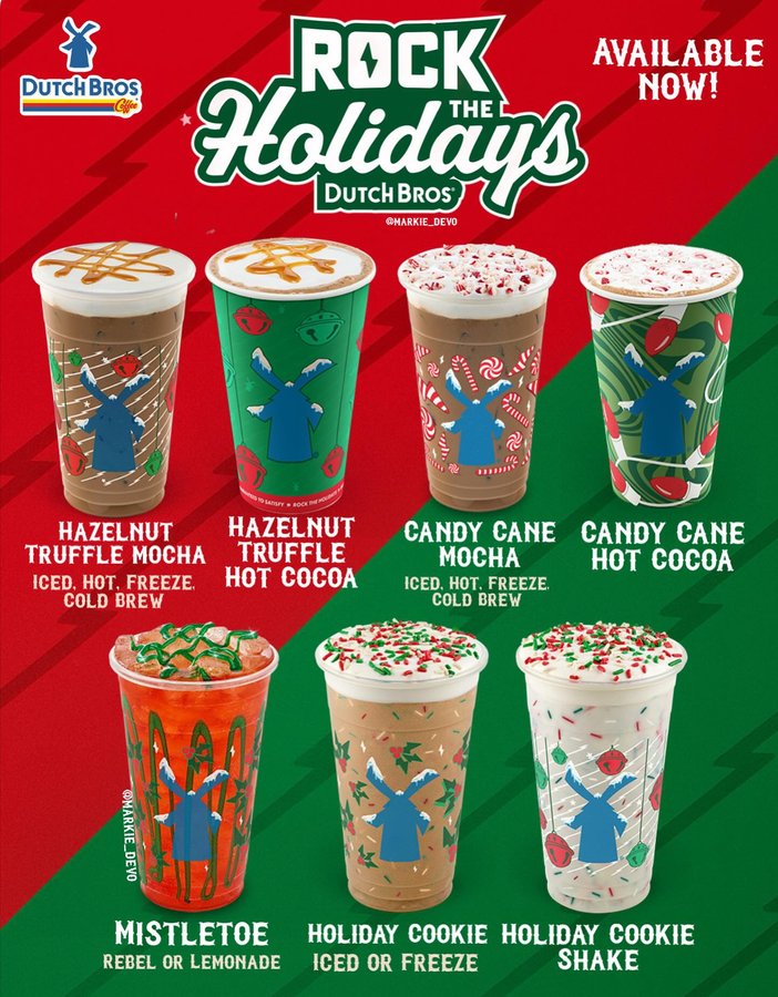 Instagram post by @markie_devo for Dutch Bros Coffee. Caption reads: Holiday cookie🤌🏻🕺🏻

Dutch Bros Holiday menu....
