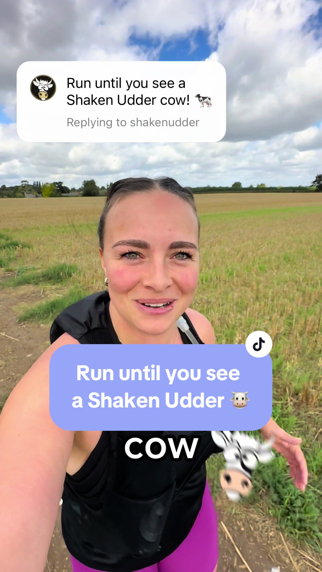 TikTok post by @nat_runs_ for Shaken Udder. Caption reads: 🏃‍♀️ Run until you see a Shaken Udder cow! 🐮  .....