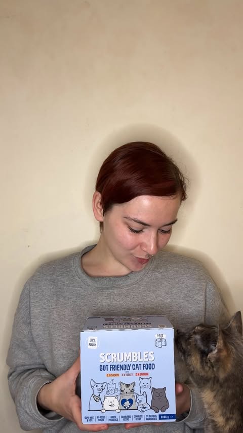 Instagram post by @stormi.the.dilute.tortie for Scrumbles. Caption reads: AD | @scrumbles pâté pouches 😻

Scrumbles have....