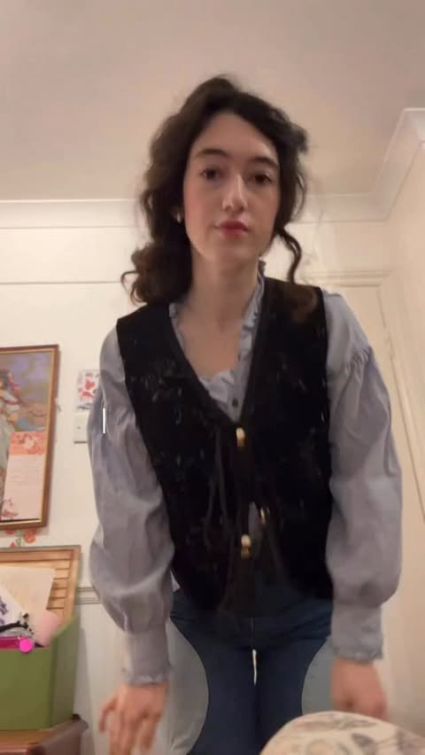 Instagram post by @andreanerellou for Simple Retro. Caption reads: [...] & historic documents 💌 Blouse & Vest....