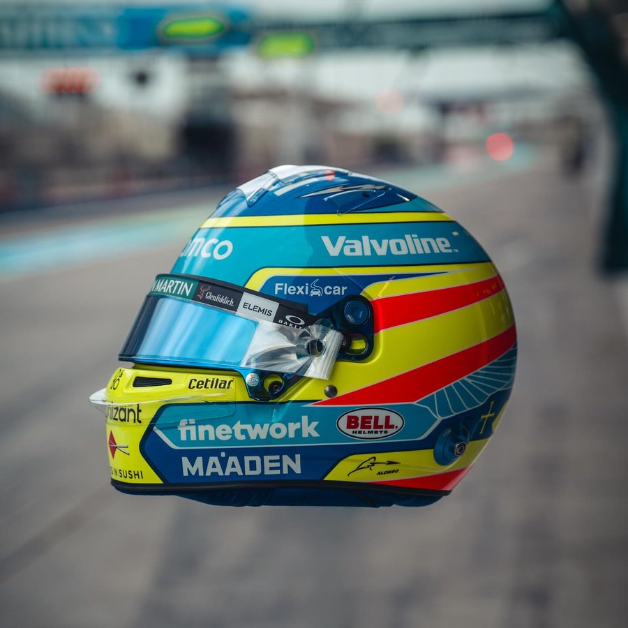 Instagram post by @emc.jet for Bang & Olufsen. Caption reads: 📸 2025 helmet @bellracinghq . 
@aramco @cognizant....