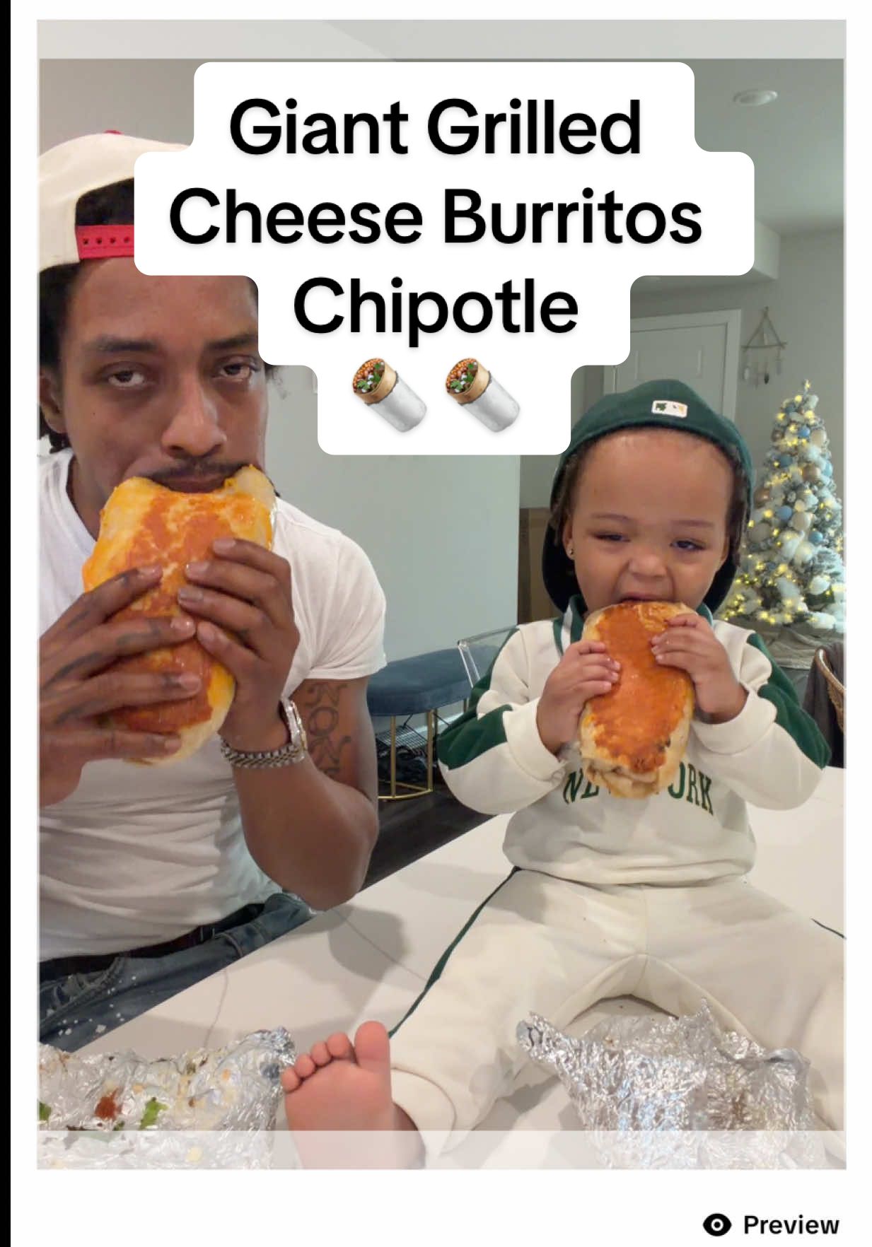 TikTok post by @greeskoandooda for Chipotle. Caption reads: Perfectly Grilled Cheese Giant Burritos🧀🔥 |....