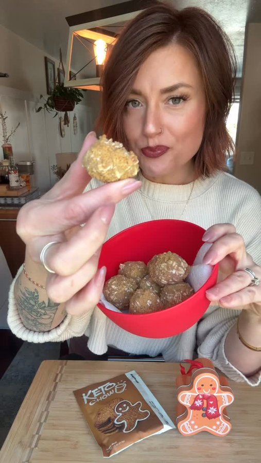 Instagram post by @breesbalancedlife for Keto Chow. Caption reads: Introducing… Gingerbread Jingle Balls 🎄😌
Soft,....