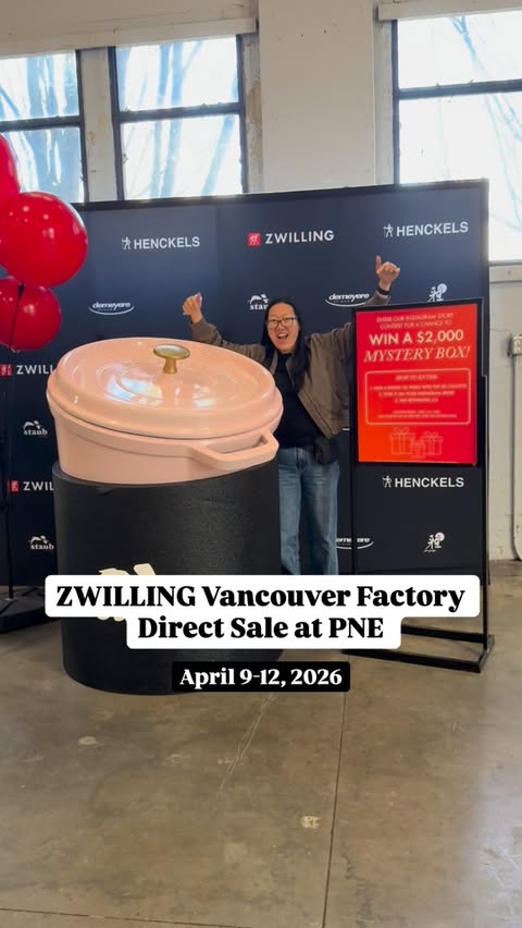 Instagram post by @foodologyca for ZWILLING. Caption reads: #ad The ZWILLING Vancouver Factory Direct Sale....
