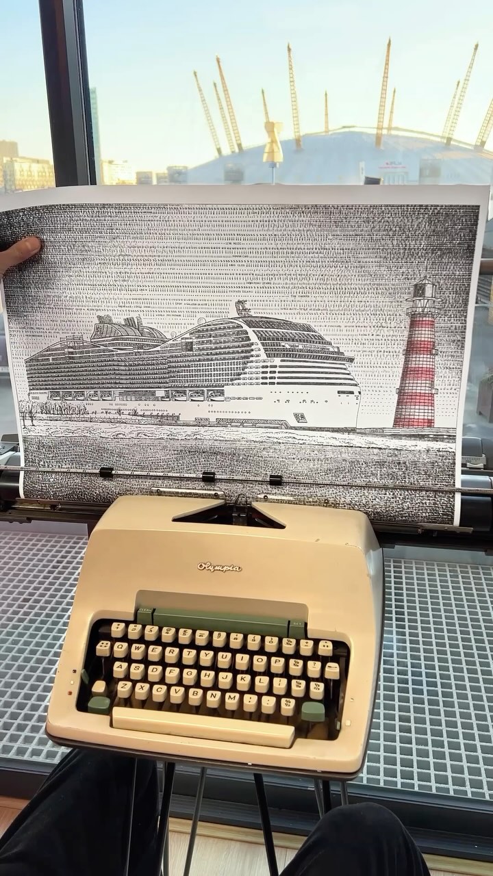 Instagram post by @jamescookartwork for MSC Cruises Official. Caption reads: My ASMR typewriter artwork of MSC World America,....