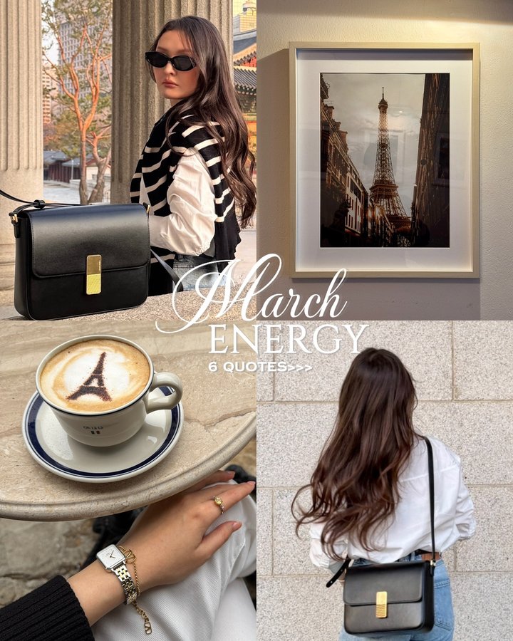 Instagram post by @cmrnsmith for Ateliers Auguste. Caption reads: Bag @ateliersauguste 🖤 [ad] ✨MARCH ENERGY✨ 1. Be....