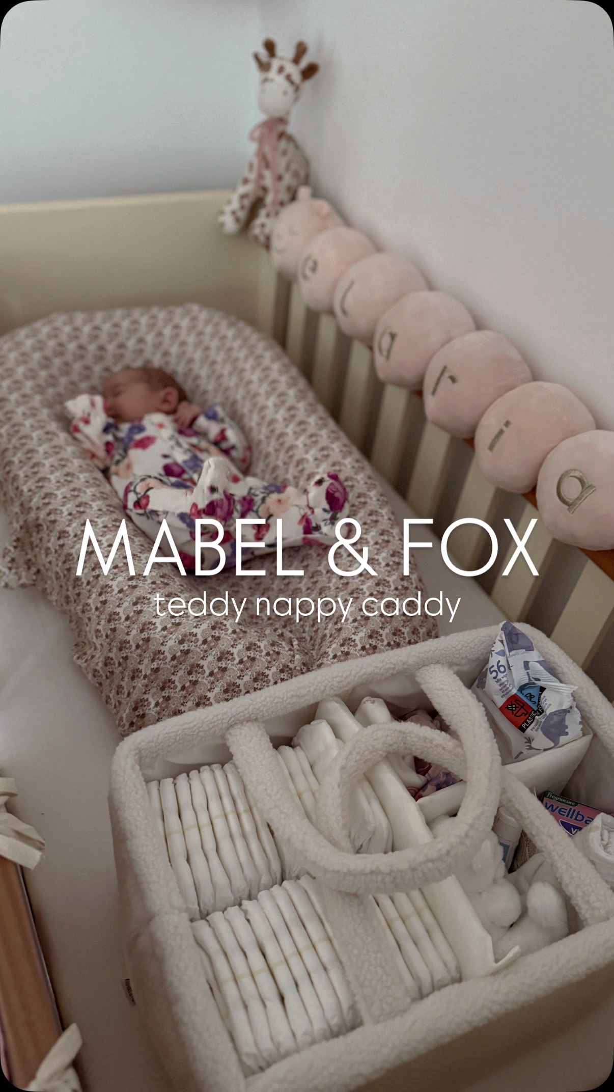 Instagram post by an influencer for Mabel & Fox. Caption reads: stock the most gorgeous teddy nappy caddy with me....